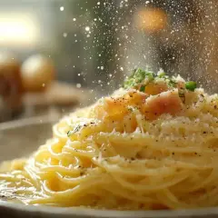 Pyszna carbonara, gdzie widać kluczowe carbonara skladniki: makaron, boczek, ser i pieprz.