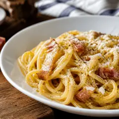 Pyszna carbonara z boczkiem, posypana parmezanem i świeżo mielonym pieprzem, na drewnianej desce.