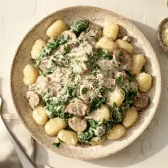 Pyszne gnocchi ze szpinakiem i grzybami w kremowym sosie, posypane parmezanem. Idealne danie na obiad.