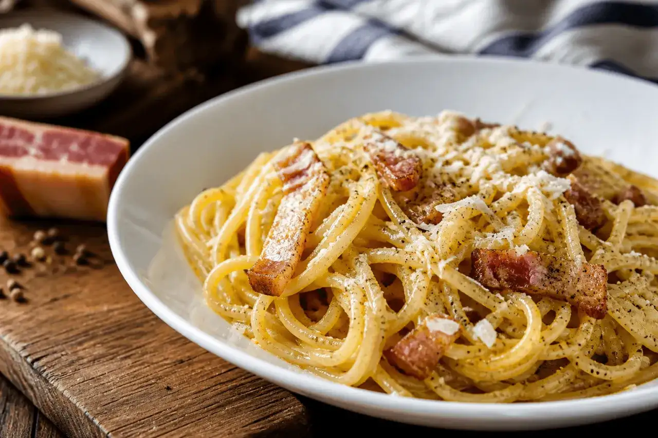 Spaghetti carbonara z boczkiem bez śmietany - kremowy sos